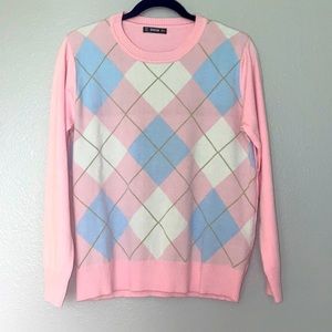 Pink, Blue, and White Argyle Sweater. Size - S